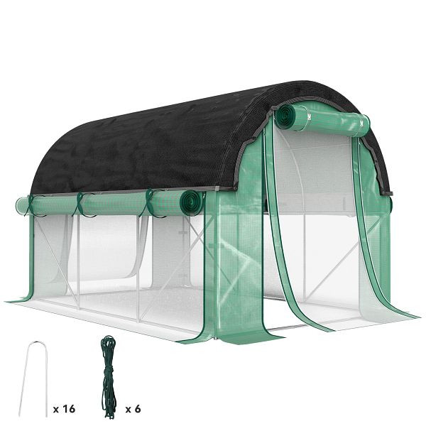 Outsunny 3 x 2 x 2 m Polytunnel-Gewächshaus mit Sonnenschutznetz, rollbaren Seitenwänden, Kunststoff-Abdeckung, Stahlrahmen, Grün, 84H-198V01GN