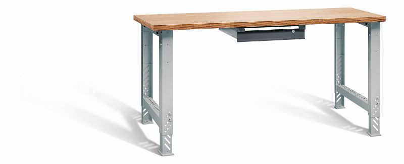 Otto Kind Werkbank function Typ 1697S, überstehende Multiplex-Arbeitsplatte, 2 höhenverstellbare Fußgestelle, Gehäuse RAL 9006, Front RAL 7016, 07218004S