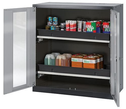 asecos Chemikalienschrank Systema-T CS-102G, Korpus anthrazit, Flügeltüren silber, 2 Tablarauszüge, 208706