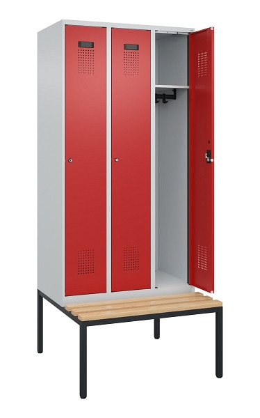 C+P Spind Evolo PLUS, 3 Abteile, 2120x900x815mm, 7035/3000, Haken 3, Zylinderschloss, Sitzfläche Buche-Hartholz, Sitzbank, 0490507-30 S10030