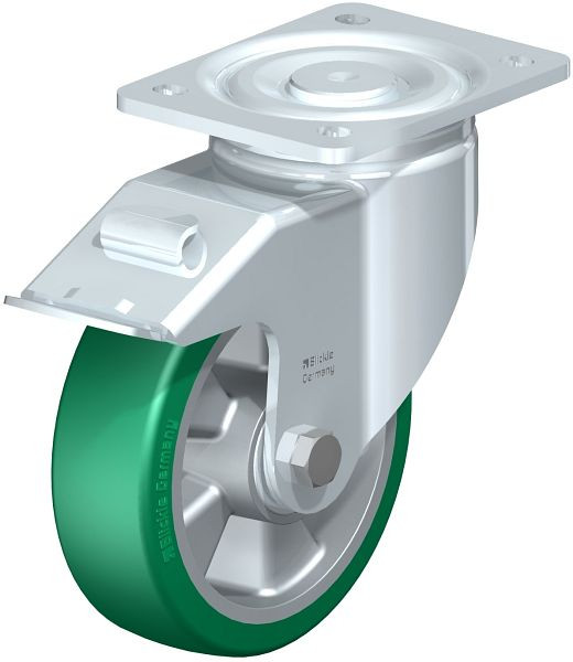 Blickle LH-ALST 160K-FI Stahlblech-Lenkrolle, Schwerlast-Ausführung, mit Anschraubplatte & Feststeller, Blickle Softhane®, Grün, 579565