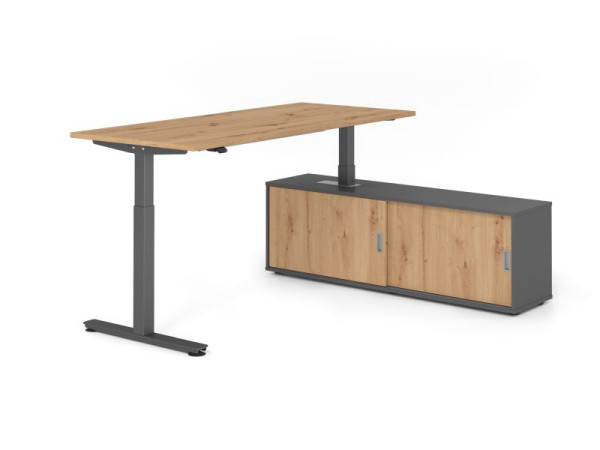 Hammerbacher Schreibtisch XMST19, 180x80cm, Platte: Asteiche, T-Fuß Gestell Graphit, Höhe: 71 - 120 cm, Graphit / Asteiche, VXMST19SB/R/G/G/R
