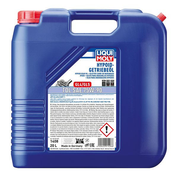 LIQUI MOLY Hypoid-Getriebeöl (GL4/5) TDL SAE 75W-90, Kanister Kunststoff, VE: 20 Liter, 1408