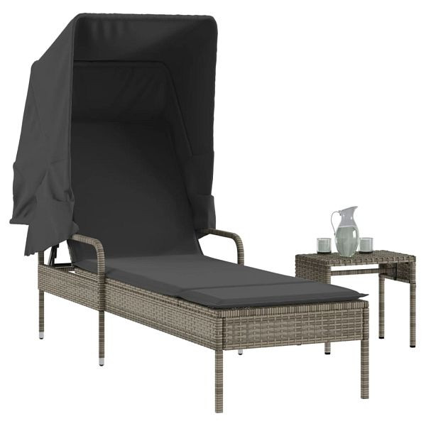 vidaXL Sonnenliege mit Dach und Tisch Grau Poly Rattan, 368199