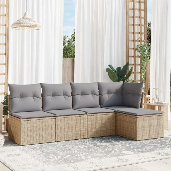 vidaXL 5-teilig Garten-Sofagarnitur mit Kissen Beige Poly Rattan, 3249358