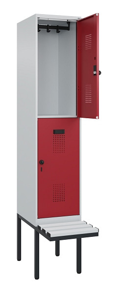 C+P Doppelstock-Spind Evolo PLUS, Bank, 2 Fächer, 2120x400x815mm, 7035/3003, Drehriegel, Sitzfläche Kunststoff, 0493407-12 S10085