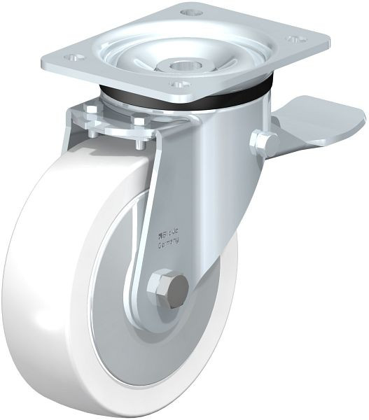 Blickle LK-SPO 160G-ST-FA Stahlblech-Lenkrolle, schwere Ausführung, mit Anschraubplatte & Feststeller, Polyamid, Weiß, 852852