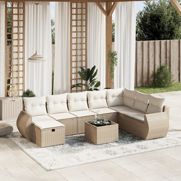 vidaXL 9-teilig Garten-Sofagarnitur mit Kissen Beige Poly Rattan, 3264214