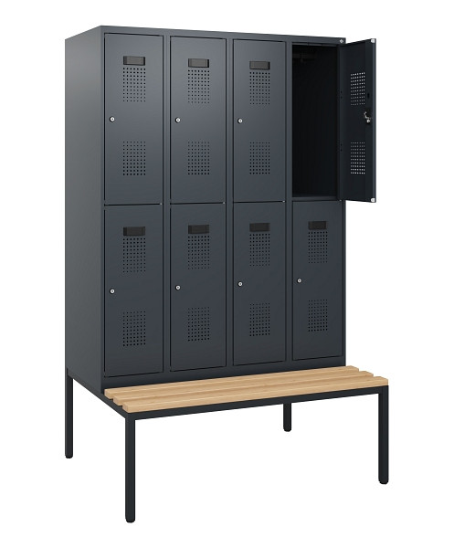 C+P Doppelstöckiger Spind Evolo PLUS, Bank, 8 Fächer, 1950x1200x815mm, 7016/7016, Zylinderschloss, Sitzfläche Buche-Hartholz, Sitzbank, 0493505-40 S10043