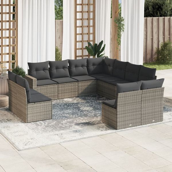 vidaXL 11-teilig Garten-Sofagarnitur mit Kissen Grau Poly Rattan, 3251467