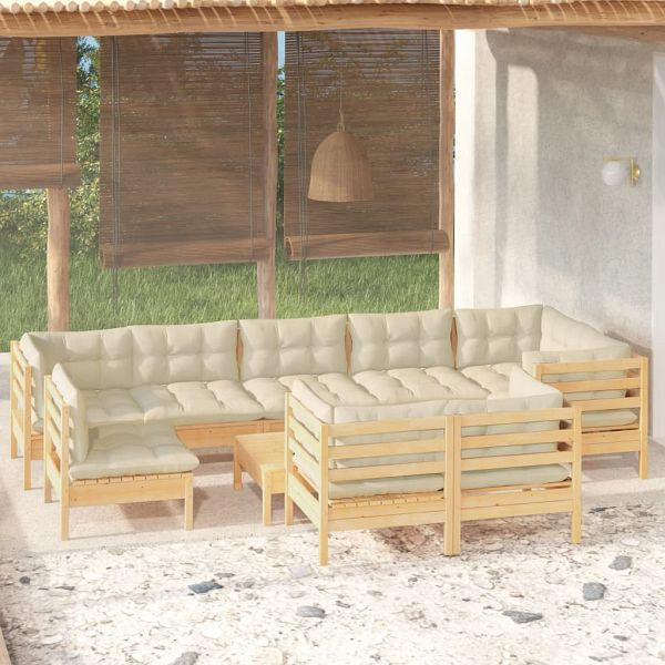 vidaXL 10-tlg. Garten-Lounge-Set mit Creme Kissen Massivholz Kiefer, 3096532