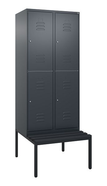 C+P Doppelstöckiger Spind Classic PLUS, 2 Abteile, 2120x800x815mm, 7016/7016, Zylinderschlösser, mit untergebauter Sitzbank, 0803507-22 S10027