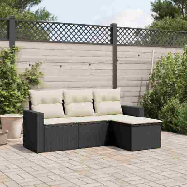 vidaXL 4-tlg. Garten-Sofagarnitur mit Kissen Schwarz Poly Rattan, UV-beständig, 3218856