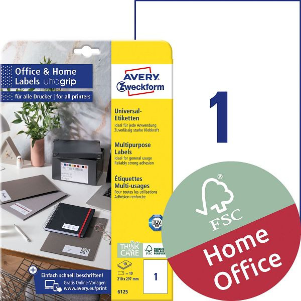 AVERY Zweckform 6125 Universal-Etiketten ultragrip, 210 x 297 mm, weiß, 10 Etiketten, permanent, 6125