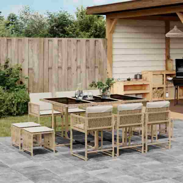 vidaXL 11-tlg. Garten-Essgruppe mit Kissen Beige Poly Rattan, UV-beständig, 3211510