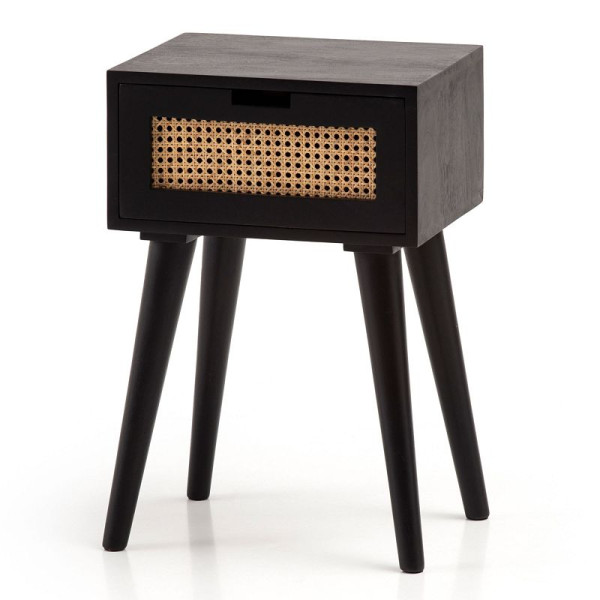 Wohnling Nachtkonsole Mango Massivholz/Rattan 40x60x30 cm Nachttisch Schwarz, Nachtkästchen mit Stauraum, WL6.808