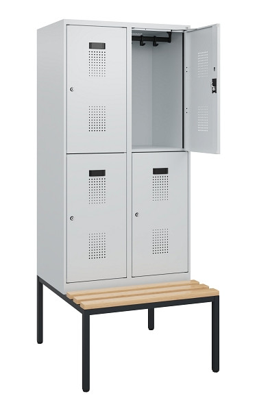C+P Doppelstöckiger Spind Evolo PLUS, Bank, 4 Fächer, 1950x800x815mm, 7035/7035, Zylinderschloss, Sitzfläche Buche-Hartholz, Sitzbank, 0493505-22 S10040