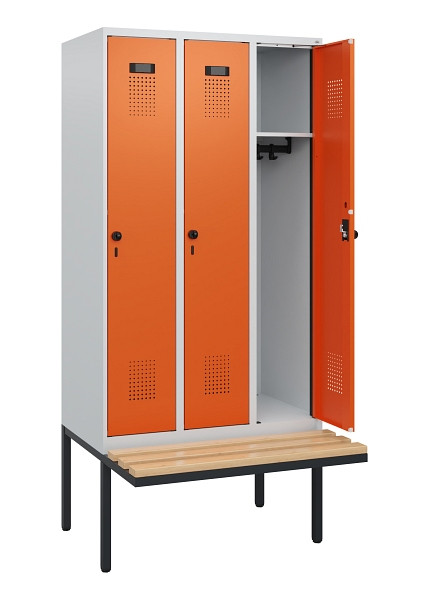 C+P Spind Evolo PLUS, 3 Abteile, 1950x900x815mm, 7035/2004, Drehriegel, Sitzfläche Holz, 0490405-30 S10002