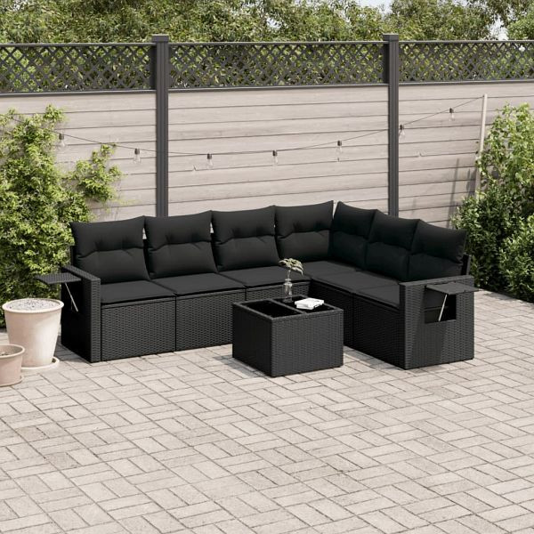vidaXL 7-tlg. Garten-Sofagarnitur mit Kissen Schwarz Poly Rattan, 3220214