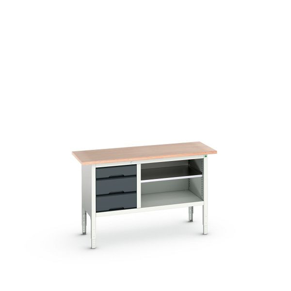 bott verso Kastenwerkbank mit einstellbarer Arbeitshöhe und Schubladenschrank mit 3 Schubladen, 1500x600x830-930mm, Lichtgrau/Anthrazitgrau, 16923012.19