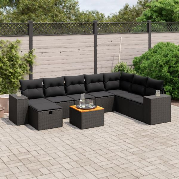 vidaXL 9-tlg. Garten-Sofagarnitur mit Kissen Schwarz Poly Rattan, 3265206
