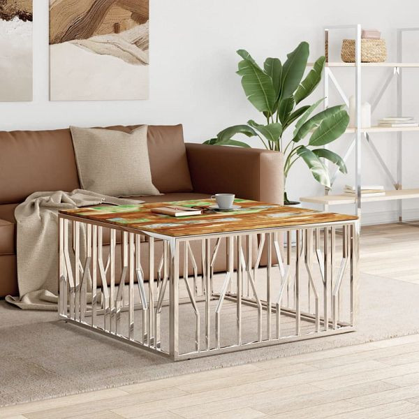 vidaXL Couchtisch Silbern Edelstahl und Altholz Massiv, 350072