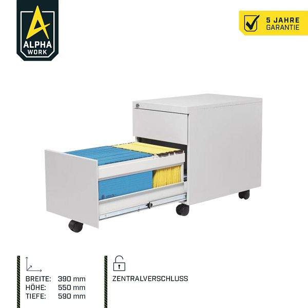 Alpha Work Rollcontainer, 390 x 550 x 590 mm, Stahl, Lichtgrau, 1 Schublade, 1 Hängeregistratur, 11542