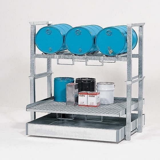asecos Fassregal mit Auffangwanne aus Stahl, 3x60 Liter und Kleingebinde, verzinkt Auffangwanne, 1079-2700