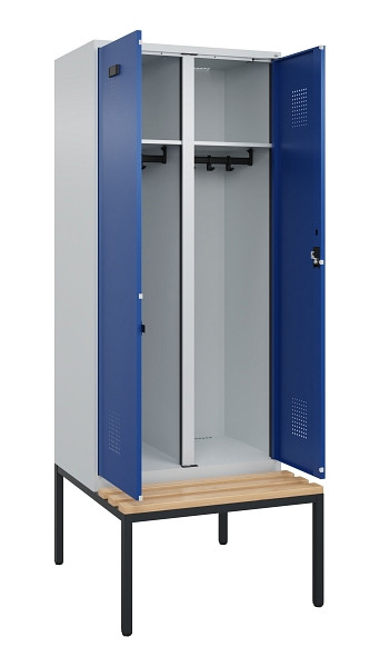 C+P Schwarz-Weiß-Spind Evolo PLUS, Bank, 2 Abteile, 2120x800x815mm, 7035/5010, Zylinderschloss, Sitzfläche Buche-Hartholz, Sitzbank, 0490527-22 S10033