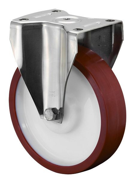 BS Rollen Edelstahl-Schwerlastrolle Bockrolle, Edelstahl, Gleitlager Polyurethanrad rot, Anschraubplatte 200 mm,Tragfähigkeit 600 kg, HS110.B27.200