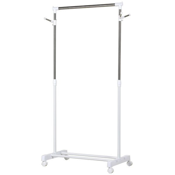 HOMCOM Rollbarer Garderobenständer, höhenverstellbar, mit unterer Ablage, 4 Räder, Weiß, 850-116