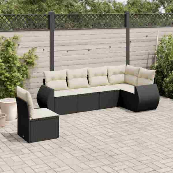 vidaXL 6-tlg. Garten-Sofagarnitur mit Kissen Schwarz Poly Rattan, UV-beständig, 3253763