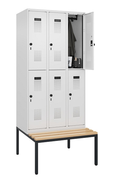 C+P Doppelstock-Spind Evolo PLUS, Bank, 6 Fächer, 2120x900x815mm, 9016/9016, Drehriegel, Sitzfläche Buche-Hartholz, Sitzbank, 0493507-30 S10020