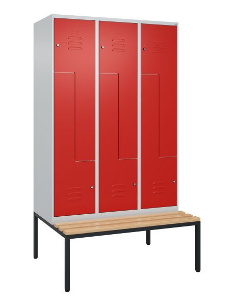 C+P Z-Spind Classic PLUS, mit untergebauter Sitzbank, 6 Abteile, 2120x1200x815mm, 7035/3020, Zylinderschlösser, Buche-Sitzleisten, 0800537-326 S10017