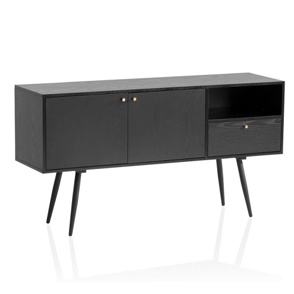 Wohnling Sideboard 140x75x40 cm Schwarz mit Eiche-Dekor Zeitlos, Standschrank Wohnzimmer mit 2 Türen und Schublade, Anrichte mit offenem Fach, WL6.826