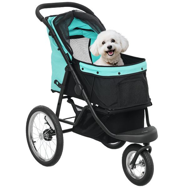 PawHut Hundebuggy, Haustierwagen für kleine Hunde und Katzen, mit Aufbewahrungskorb, Ein-Klick-Faltdesign, Türkis, D00-198V00TU