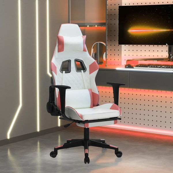 vidaXL Gaming-Stuhl mit Massage & Fußstütze Weiß & Rosa Kunstleder, 345530