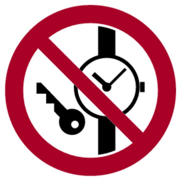 Schilder Klar Verbotszeichen Mitführen von Metallteilen oder Uhren verboten DIN 4844 D-P020, 200 mm Folie selbstklebend, 3041/62