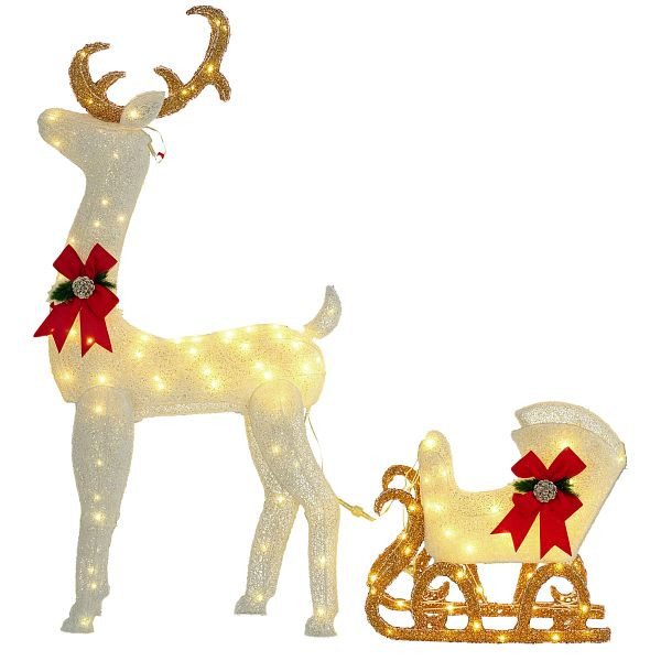 Outsunny LED-Weihnachtsdekoration, leuchtendes Rentier und Schlitten, 170 Lichter, 50 x 29 x 42 cm, 844-995V90WT