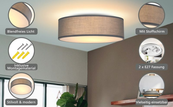 monzana Deckenlampe Grau Stoff Ø38cm, 109128, 4251776909202