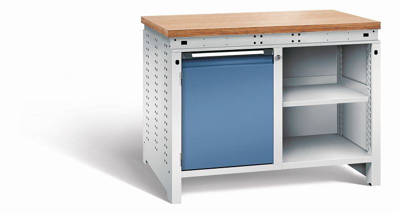 Otto Kind Werkbank Serie function Typ 210, Multiplexplatte 40 mm, bündig, 2x Unterbau, Gehäuse RAL 7035, Front RAL 5023, 072340164