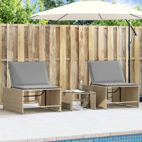 vidaXL Sonnenliegen 2 Stück mit Tisch Beige Poly Rattan, 368425