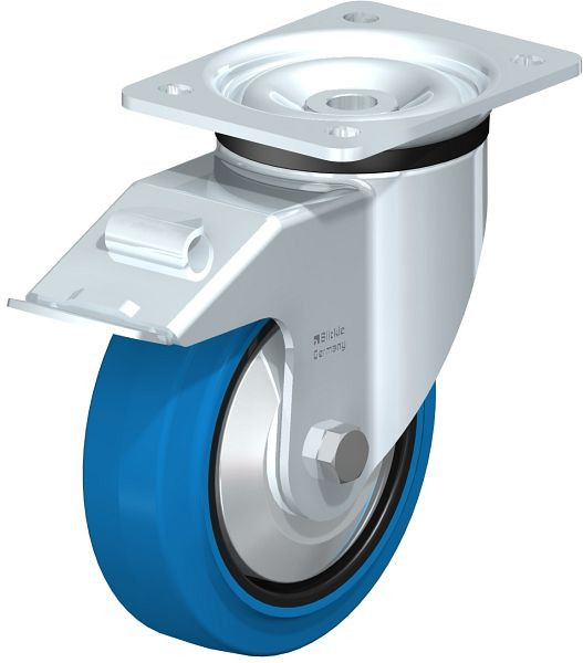 Blickle LK-POEV 160KD-FI-SB-FA Stahlblech-Lenkrolle, schwere Ausführung, mit Anschraubplatte & Feststeller, Elastik-Vollgummi, Blau, 851218
