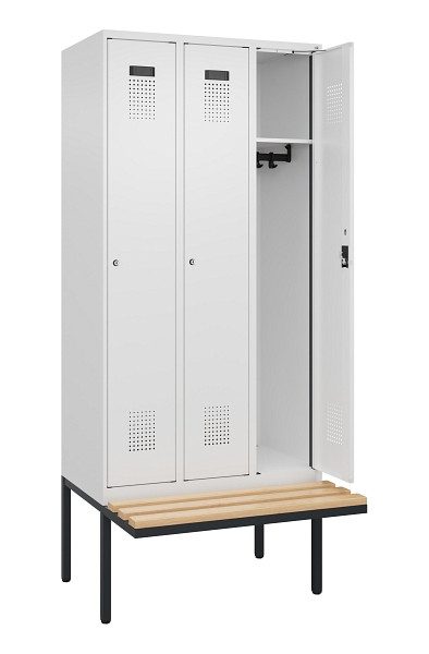 C+P Spind Evolo PLUS, 3 Abteile, 2120x900x815mm, 9016/9016, Haken 3, Zylinderschloss, Sitzfläche Holz, 0490407-30 S10047