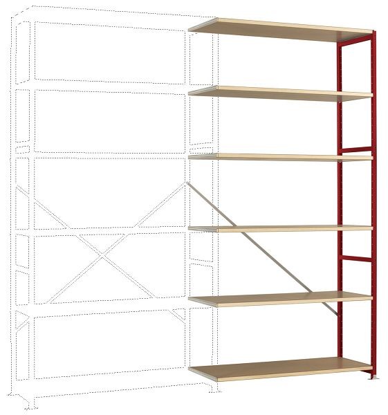 Manuflex Breitfach-Steckregal Anbauregal mit 6 Holzverbundböden, HxBxT = 2500 x 1250 x 600 mm, rubinrot, RP1428.3003