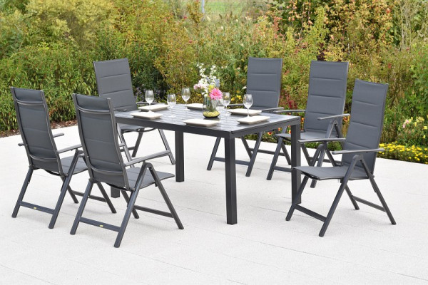 Merxx Taviano Set 7-teilig, 6 Klappsessel, Rückenlehne verstellbar, 1 Ausziehtisch, 150 (200) x 90 cm, Graphit/grau, 51032-207