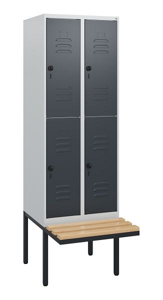 C+P Doppelstöckiger Spind Classic PLUS, 2 Abteile, 1950x600x815mm, 7035/7016, Drehriegel, Sitzleisten aus Buche, schwebende Sitzfläche, 0803405-20 S10008