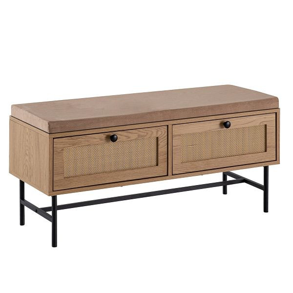 Wohnling Schuhbank mit Stoff-Sitzfläche 100x48x38cm Garderobenbank Eiche-Dekor, Sitzbank Rattan Klein Gepolstert, Bank Schmal Flur mit Stauraum, WL6.890