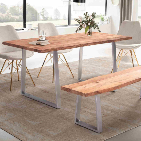 Wohnling Esszimmertisch 140x80x76 cm Akazie Massivholz/Metall Esstisch Baumkante, Küchentisch mit Trapezbeinen in Chrom, Holztisch Rechteckig, WL7.247