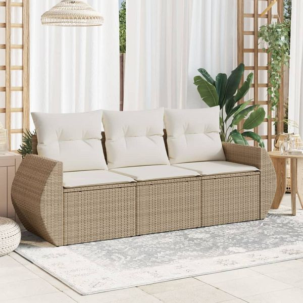 vidaXL 3-teilig Garten-Sofagarnitur mit Kissen Beige Poly Rattan, 3253395